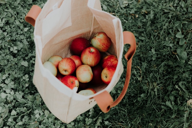 Image of apples inside of a reusable canvas bag.