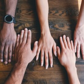 Image of five hands of different skin tones on a table side by side.