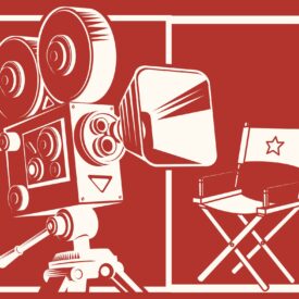 Red poster of film camera and director's chair.