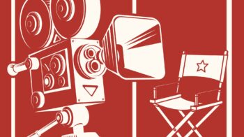 Red poster of film camera and director's chair.