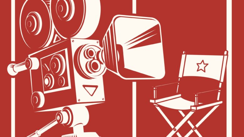 Red poster of film camera and director's chair.